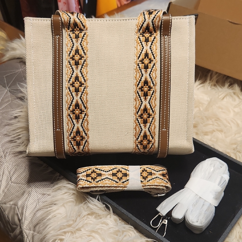 Elegant Tan and Brown Patterned Tote Bag.  10.5"X 8"X 4"